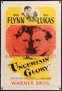 1t330 UNCERTAIN GLORY linen 1sh '44 art of French Errol Flynn face-to-face with Nazi Paul Lukas!