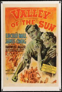 1t332 VALLEY OF THE SUN linen 1sh '42 art of Lucille Ball holding onto tough cowboy James Craig!