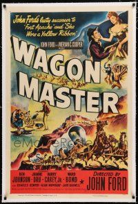 1t336 WAGON MASTER linen 1sh '50 John Ford, Ben Johnson, cool artwork of wagon train!
