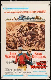 1t338 WAR WAGON linen 1sh '67 cowboys John Wayne & Kirk Douglas, western armored stagecoach artwork!