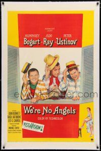 1t341 WE'RE NO ANGELS linen 1sh '55 art of Humphrey Bogart, Aldo Ray & Peter Ustinov tipping hats!