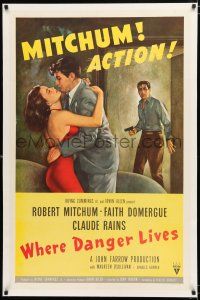 1t344 WHERE DANGER LIVES linen 1sh '50 art of Robert Mitchum holding Faith Domergue + Rains w/gun