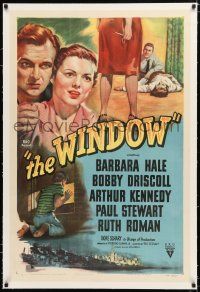 1t349 WINDOW linen 1sh '49 Bobby Driscoll is alone with terror at the window, great noir art!