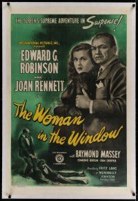 1t353 WOMAN IN THE WINDOW linen 1sh '44 Fritz Lang, art of Edward G. Robinson & sexy Joan Bennett!