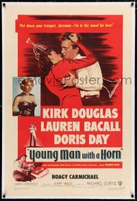 1t358 YOUNG MAN WITH A HORN linen 1sh'50 jazz man Kirk Douglas kisses sexy Lauren Bacall + Dris Day
