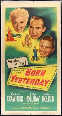 1w036 BORN YESTERDAY linen 3sh '51 headshots of Judy Holliday, William Holden & Broderick Crawford!