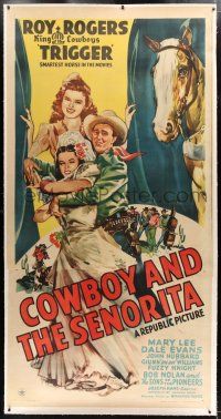 1w038 COWBOY & THE SENORITA linen 3sh '44 art of Roy Rogers, pretty Dale Evans & Trigger!