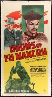 1w041 DRUMS OF FU MANCHU linen 3sh '43 Sax Rohmer, great artwork of Asian villain & detective!