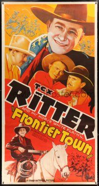 1w045 FRONTIER TOWN linen 3sh '38 cool art of singing cowboy Tex Ritter & his horse White Flash!