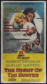 1w059 NIGHT OF THE HUNTER linen 3sh '55 Robert Mitchum, Shelley Winters, Laughton classic noir!