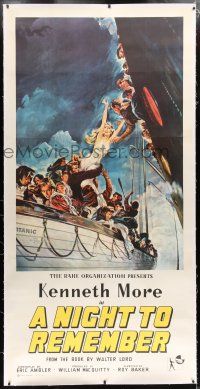 1w060 NIGHT TO REMEMBER linen 3sh '59 English Titanic biography, John Floherty Jr. art of tragedy!