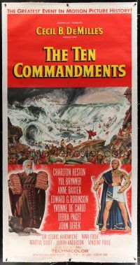 1w063 TEN COMMANDMENTS linen 3sh '56 Cecil B. DeMille classic, art of Charlton Heston & Yul Brynner