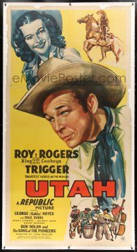 1w065 UTAH linen 3sh '45 great c/u art of Roy Rogers + Dale Evans, Trigger & Sons of the Pioneers