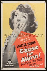 1y489 CAUSE FOR ALARM Aust 1sh '50 great huge close up image Loretta Young, and she is in trouble!