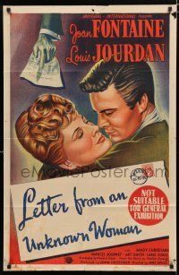 1y584 LETTER FROM AN UNKNOWN WOMAN Aust 1sh '48 romantic art of Joan Fontaine & Louis Jourdan!