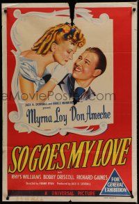 1y654 SO GOES MY LOVE Aust 1sh '46 wonderful romantic art of Myrna Loy & Don Ameche!