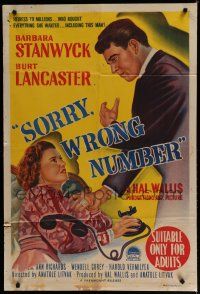 1y656 SORRY WRONG NUMBER Aust 1sh '48 art of Burt Lancaster giving Barbara Stanwyck the backhand!