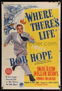 1y680 WHERE THERE'S LIFE Aust 1sh '47 wacky hand litho of Bob Hope being chased by angry mob!