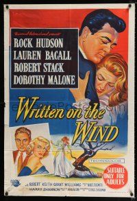 1y689 WRITTEN ON THE WIND Aust 1sh '56 art of sexy Lauren Bacall with Rock Hudson & Robert Stack!
