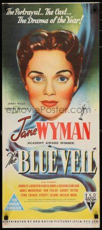 1y711 BLUE VEIL Aust daybill '51 cool close-up hand litho art of pretty Jane Wyman!