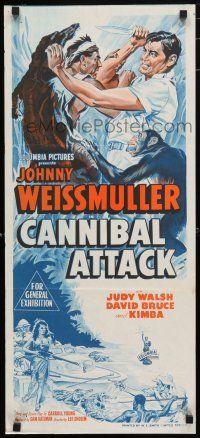 1y719 CANNIBAL ATTACK Aust daybill '54 cool art of Johnny Weissmuller w/knife & fighting!