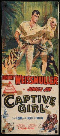 1y720 CAPTIVE GIRL Aust daybill '50 Johnny Weissmuller as Jungle Jim w/sexy jungle babe!