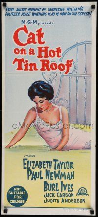 1y723 CAT ON A HOT TIN ROOF Aust daybill R66 classic artwork of Elizabeth Taylor as Maggie the Cat!