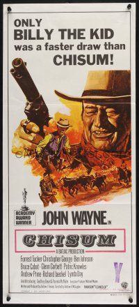 1y726 CHISUM Aust daybill '70 only Billy the Kid draws faster than big John Wayne, cool art!