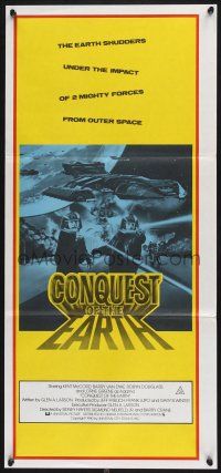 1y730 CONQUEST OF THE EARTH Aust daybill '80 great image of wacky aliens terrorizing Hollywood!