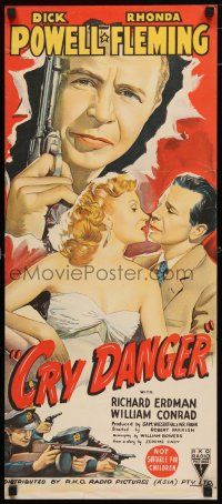 1y735 CRY DANGER Aust daybill '51 great hand litho art of Dick Powell & sexy Rhonda Fleming!