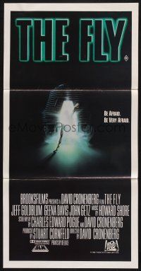 1y759 FLY Aust daybill '86 David Cronenberg, Jeff Goldblum, sci-fi art of telepod by Mahon!
