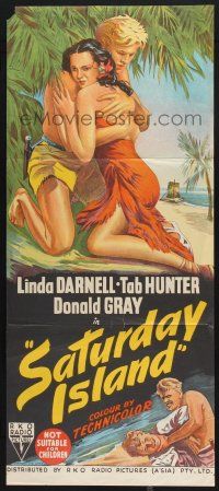1y790 ISLAND OF DESIRE Aust daybill '52 art of sexy Linda Darnell & Tab Hunter, Saturday Island!