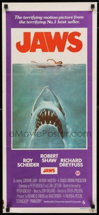1y791 JAWS Aust daybill '75 art of Spielberg's classic man-eating shark attacking sexy swimmer!