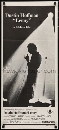 1y800 LENNY Aust daybill '74 silhouette of Dustin Hoffman as comedian Lenny Bruce at microphone!