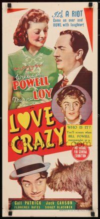 1y812 LOVE CRAZY Aust daybill '41 William Powell, Myrna Loy, come on over and howl with laughter!