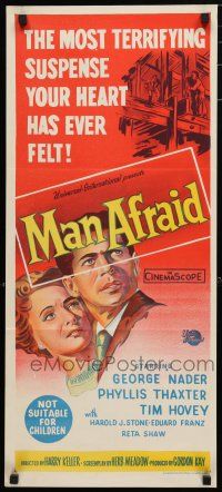 1y818 MAN AFRAID Aust daybill '57 George Nader, most terrifying suspense your heart has ever felt!