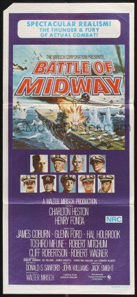 1y827 MIDWAY Aust daybill '76 Charlton Heston, Henry Fonda, dramatic naval battle art!