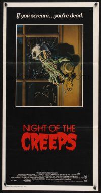 1y850 NIGHT OF THE CREEPS Aust daybill '86 cool monster hand artwork, if you scream you're dead!