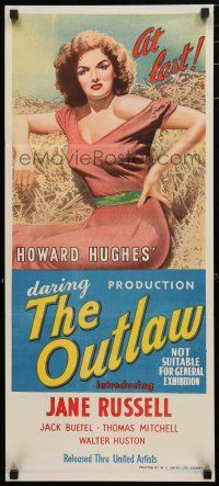 1y866 OUTLAW Aust daybill '47 stone litho of sexiest Jane Russell, Howard Hughes