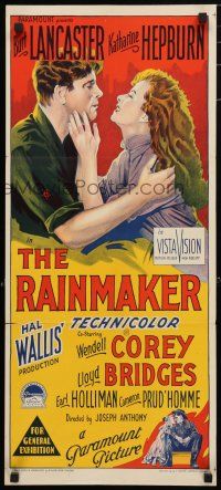 1y886 RAINMAKER Aust daybill '56 Richardson Studio art of Burt Lancaster & Katharine Hepburn!