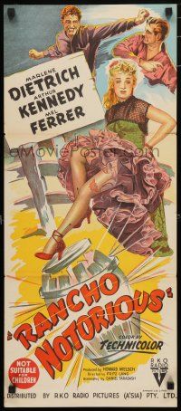 1y887 RANCHO NOTORIOUS Aust daybill '52 Fritz Lang, hand litho of Marlene Dietrich showing leg!