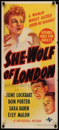 1y919 SHE-WOLF OF LONDON Aust daybill '46 June Lockhart, Don Porter, Sara Haden, horror!