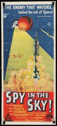 1y941 SPY IN THE SKY Aust daybill '58 secret agents of the satellite era, cool rocket launch art!