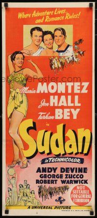 1y945 SUDAN Aust daybill '45 sexy Maria Montez, Jon Hall, Bey, where adventure lives & love rules!