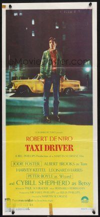 1y950 TAXI DRIVER Aust daybill '76 classic art of Robert De Niro by cab, directed by Scorsese!