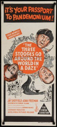 1y963 THREE STOOGES GO AROUND THE WORLD IN A DAZE Aust daybill '63 art of Moe, Larry & Curly-Joe!