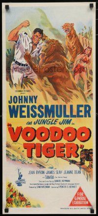 1y983 VOODOO TIGER Aust daybill '52 great art of Johnny Weissmuller as Jungle Jim vs big cats!