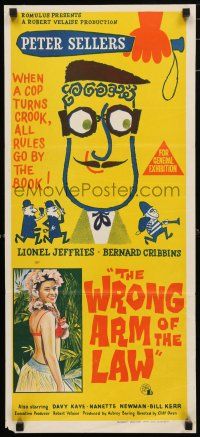 1y995 WRONG ARM OF THE LAW Aust daybill '63 great wacky art of Peter Sellers about to be hit!