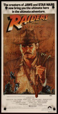 1y885 RAIDERS OF THE LOST ARK Aust daybill '81 art of adventurer Harrison Ford by Richard Amsel!