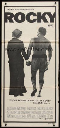 1y893 ROCKY Aust daybill '77 Sylvester Stallone holding hands with Talia Shire, boxing classic!